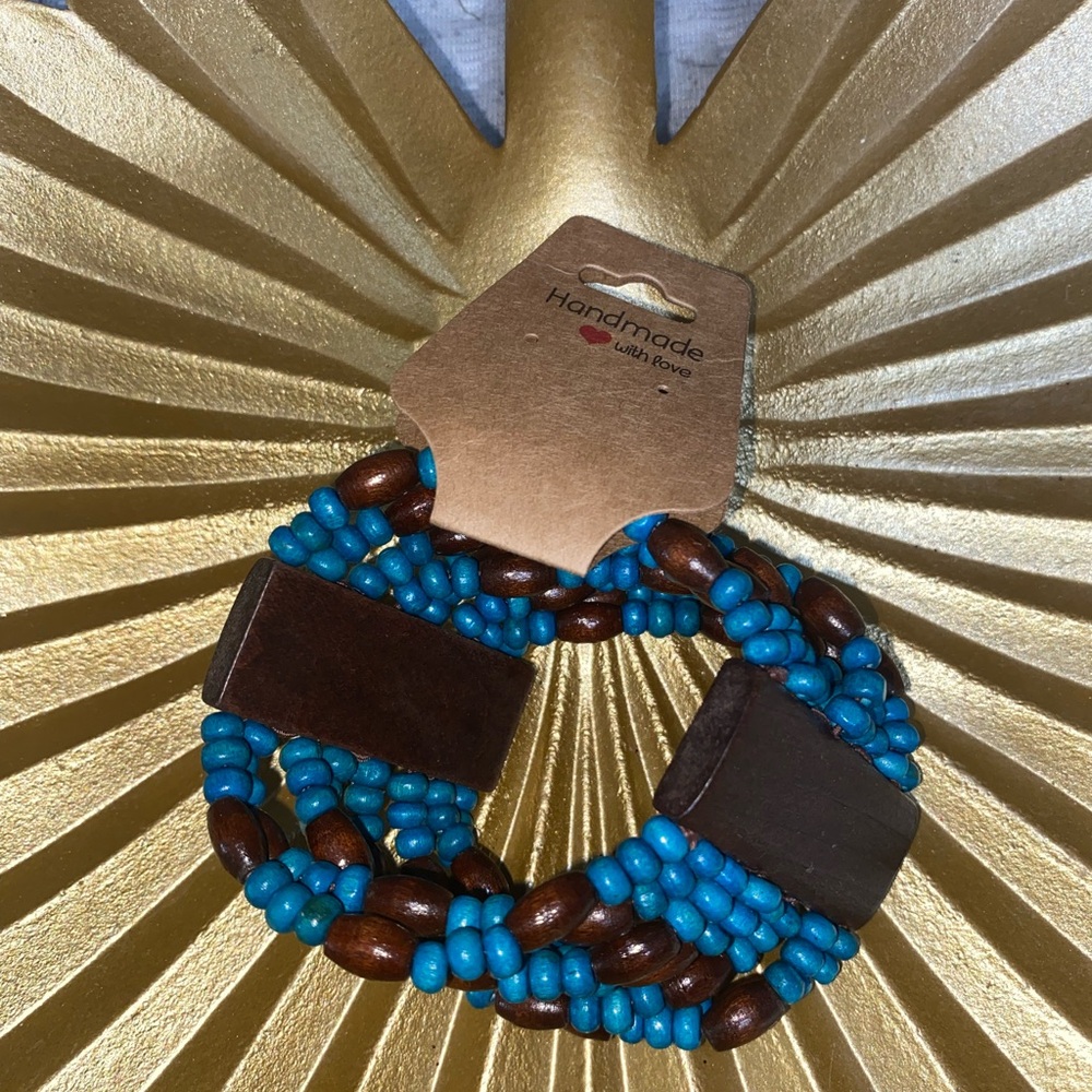 Handmade Beaded Bracelet with Brown and Blue Beads